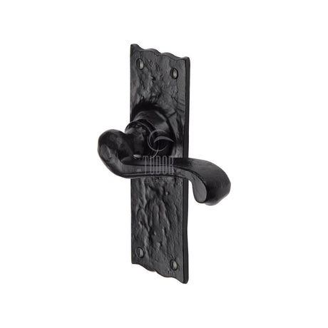 This is an image of a The Tudor Collection - Door Handle Lever Latch Shropshire Design Black Iron, tc110 that is available to order from T.H Wiggans Ironmongery in Kendal.