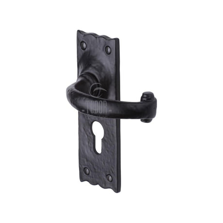 This is an image of a The Tudor Collection - Door Handle for Euro Profile Plate Colonial Design Black, tc348 that is available to order from T.H Wiggans Ironmongery in Kendal.
