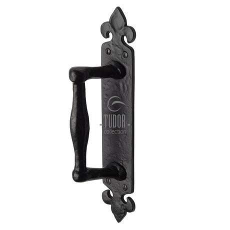 This is an image of a The Tudor Collection - Door Pull Handle on Plate Offset Black Iron, tc386 that is available to order from T.H Wiggans Ironmongery in Kendal.