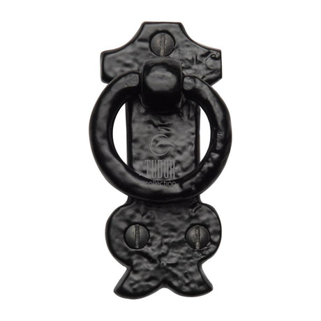 This is an image of a The Tudor Collection - Cabinet Ring Pull on Plate Black Iron, tc458 that is available to order from T.H Wiggans Ironmongery in Kendal.
