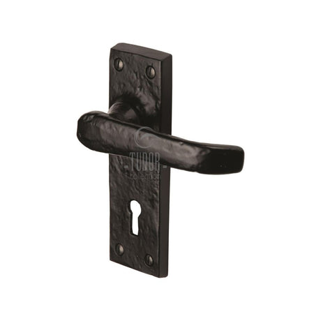 This is an image of a The Tudor Collection - Door Handle Lever Lock Windsor Design Black Iron, tc500 that is available to order from T.H Wiggans Ironmongery in Kendal.