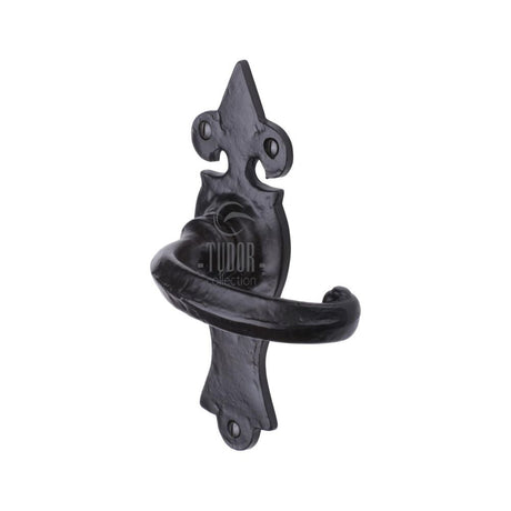 This is an image of a The Tudor Collection - Door Handle Lever Latch Wroxeter Design Black Iron, tc810 that is available to order from T.H Wiggans Ironmongery in Kendal.