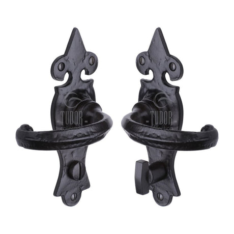 This is an image of a The Tudor Collection - Door Handle for Bathroom Wroxeter Design Black Iron, tc820 that is available to order from T.H Wiggans Ironmongery in Kendal.