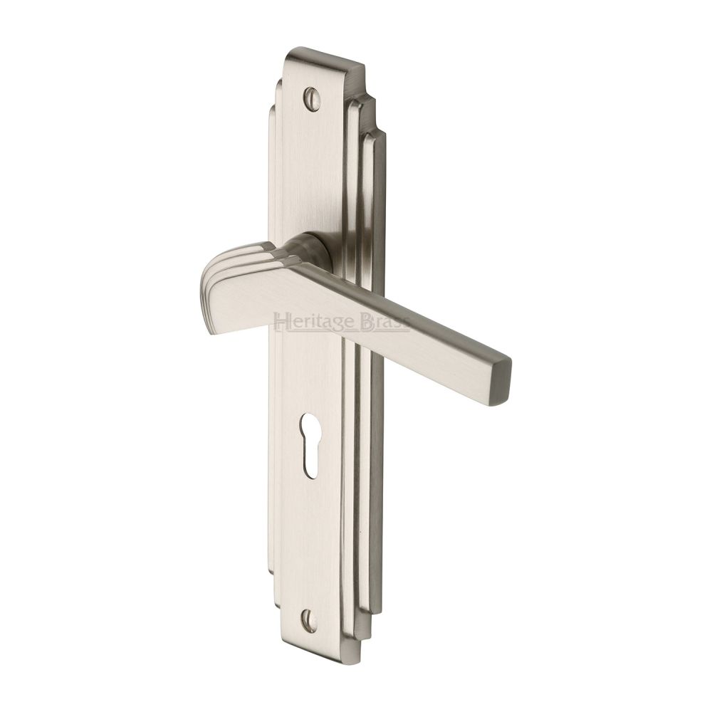 This is an image of a Heritage Brass - Door Handle Lever Lock Tiffany Design Satin Nickel Finish, tif5200-sn that is available to order from T.H Wiggans Ironmongery in Kendal.