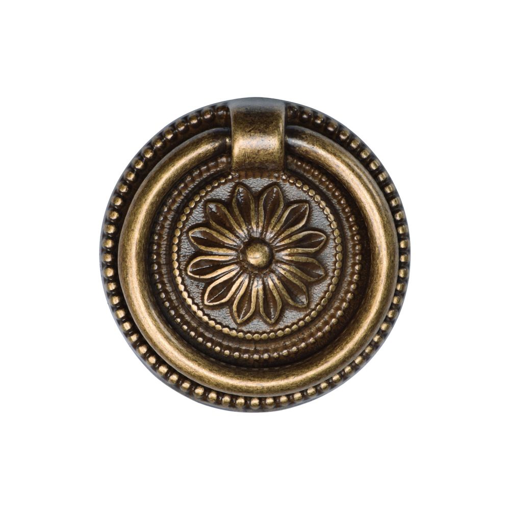 This is an image of a M.Marcus - Floral Ring Pull 055mm Distressed Brass Finish, tk2224-055-dbs that is available to order from T.H Wiggans Ironmongery in Kendal.