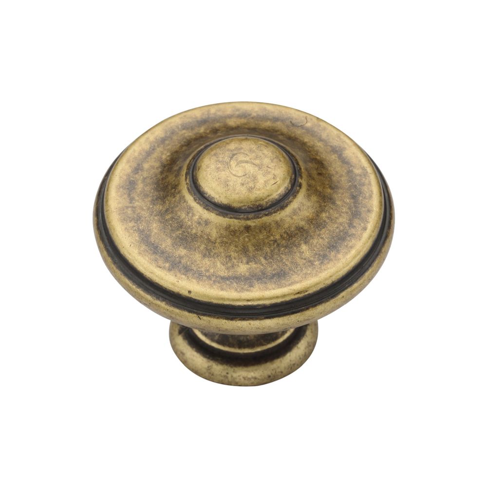 This is an image of a M.Marcus - Domed Round Knob 035mm Distressed Brass Finish, tk4408-035-dbs that is available to order from T.H Wiggans Ironmongery in Kendal.