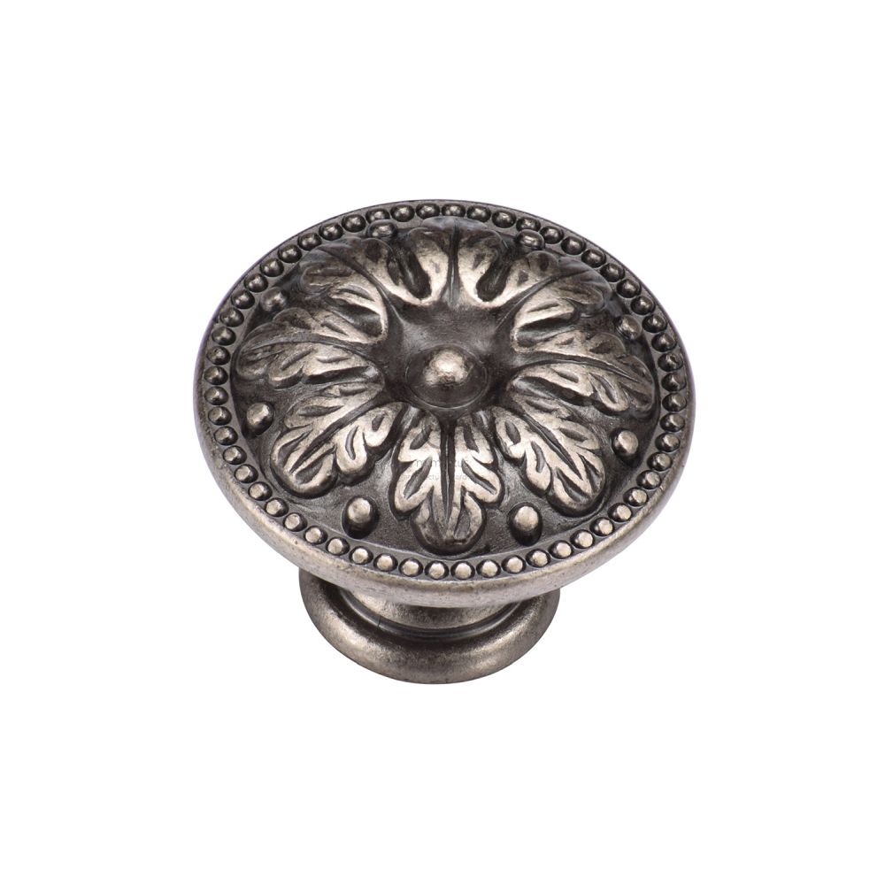 This is an image of a M.Marcus - Floral Round Knob 030mm Distressed Pewter Finish, tk4479-030-dpw that is available to order from T.H Wiggans Ironmongery in Kendal.