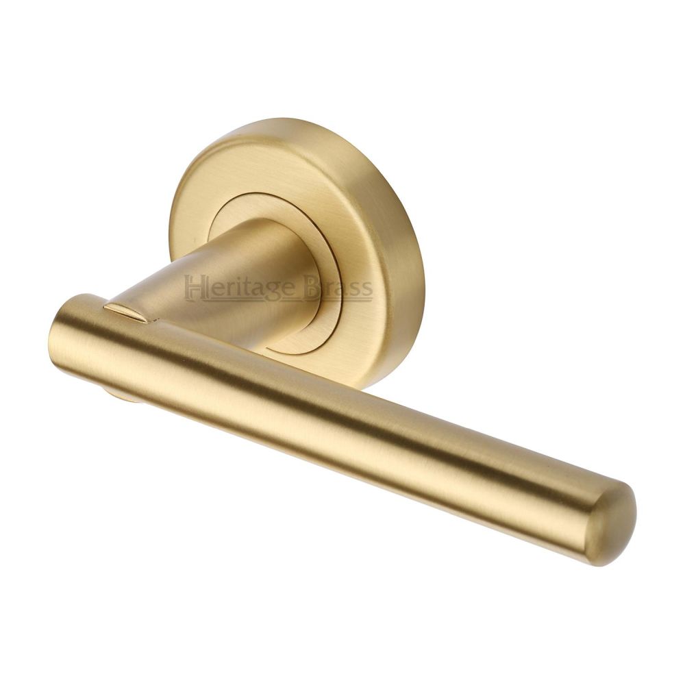 This is an image of a Heritage Brass - Door Handle Lever on Rose Challenger Design Satin Brass Finish, v1001-sb that is available to order from T.H Wiggans Ironmongery in Kendal.