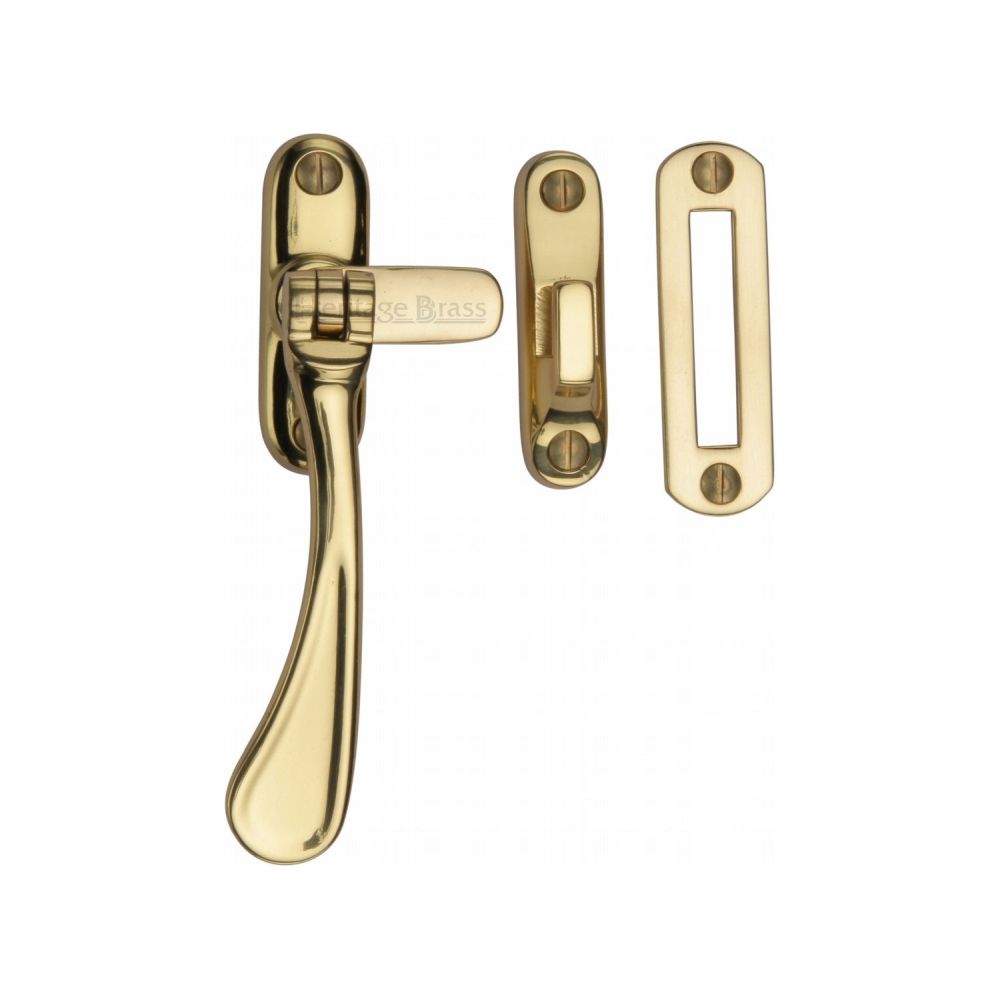 This is an image of a Heritage Brass - Casement Window Fastener Spoon Pattern Polished Brass Finish, v1003-mp-hp-pb that is available to order from T.H Wiggans Ironmongery in Kendal.