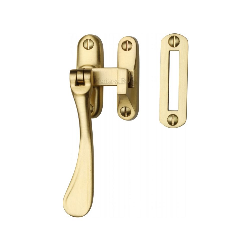 This is an image of a Heritage Brass - Casement Window Fastener Spoon Pattern Satin Brass Finish, v1003-mp-hp-sb that is available to order from T.H Wiggans Ironmongery in Kendal.