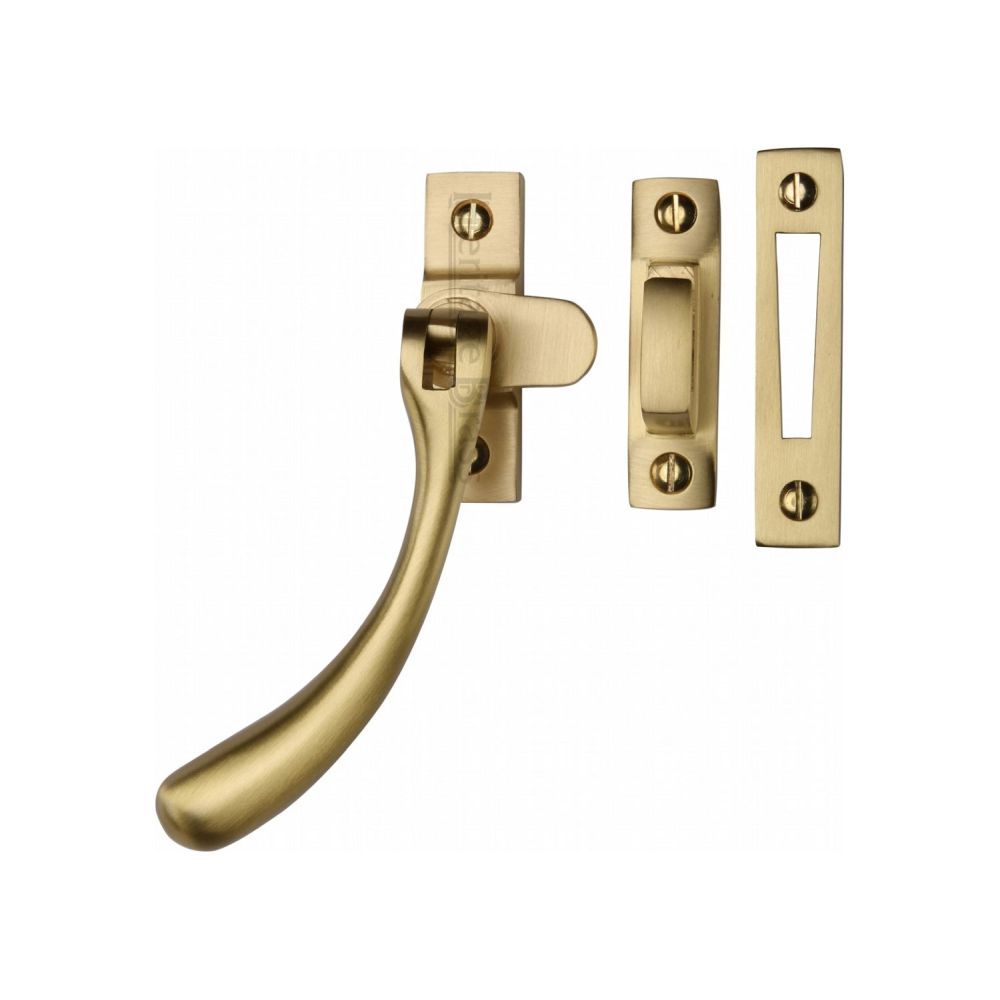 This is an image of a Heritage Brass - Casement Window Fastener Ball Design Satin Brass Finish, v1008-mp-hp-sb that is available to order from T.H Wiggans Ironmongery in Kendal.