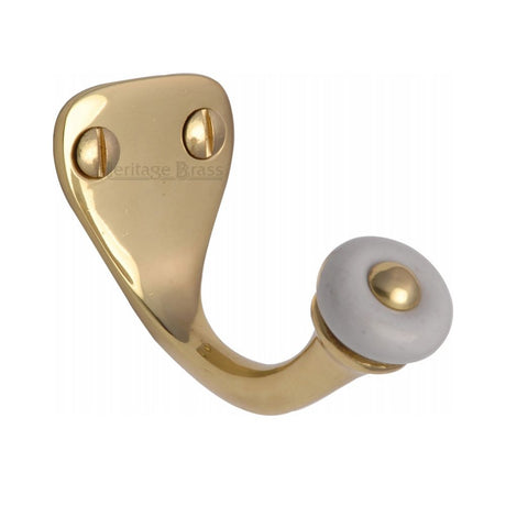 This is an image of a Heritage Brass - Single Robe Hook Polished Brass Finish, v1044-pb that is available to order from T.H Wiggans Ironmongery in Kendal.