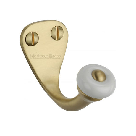 This is an image of a Heritage Brass - Single Robe Hook Satin Brass Finish, v1044-sb that is available to order from T.H Wiggans Ironmongery in Kendal.