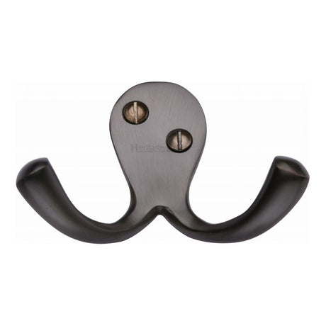 This is an image of a Heritage Brass - Double Coat Hook Matt Bronze Finish, v1060-mb that is available to order from T.H Wiggans Ironmongery in Kendal.
