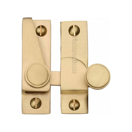This is an image of a Heritage Brass - Sash Fastener Satin Brass Finish, v1106-sb that is available to order from T.H Wiggans Ironmongery in Kendal.