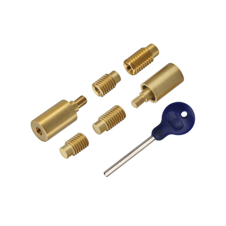 This is an image of a Heritage Brass - Sash Window Stop (pair) with key Satin Brass, v1108-sb that is available to order from T.H Wiggans Ironmongery in Kendal.
