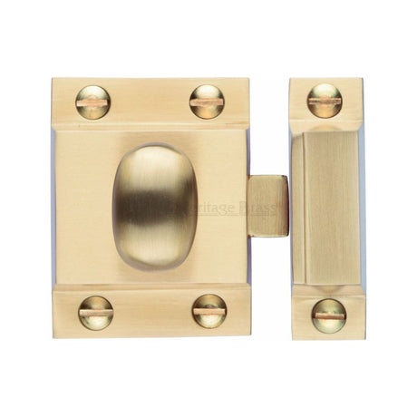 This is an image of a Heritage Brass - Cupboard Latch with Oval Turn Satin Brass Finish, v1112-sb that is available to order from T.H Wiggans Ironmongery in Kendal.