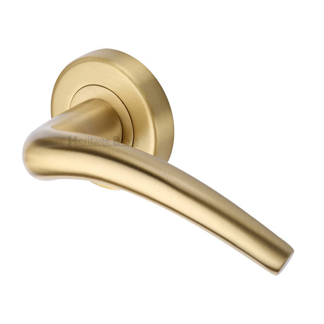 This is an image of a Heritage Brass - Door Handle Lever Latch on Round Rose Wing Design Satin Brass finish, v1121-sb that is available to order from T.H Wiggans Ironmongery in Kendal.