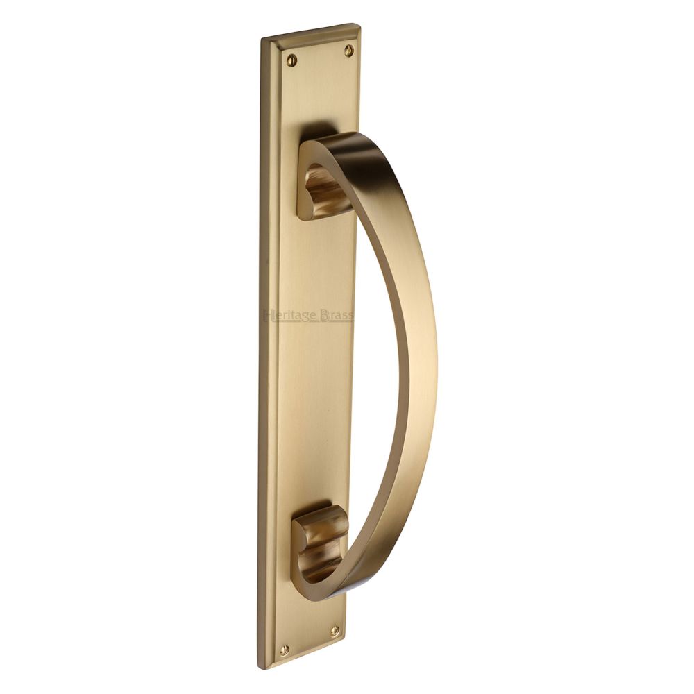 This is an image of a Heritage Brass - Door Pull Handle on Plate Satin Brass Finish, v1162-sb that is available to order from T.H Wiggans Ironmongery in Kendal.