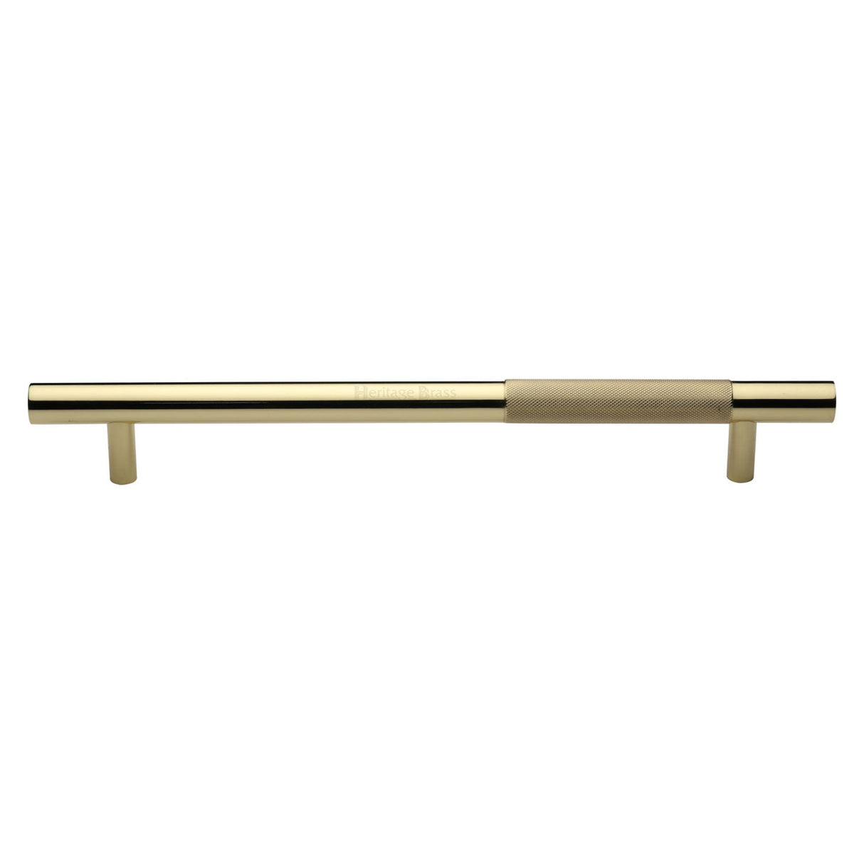 This is an image of a Heritage Brass - Door Pull Handle Bar Knurled Design 457mm Polished Brass Finish, v1365-457-pb that is available to order from T.H Wiggans Ironmongery in Kendal.