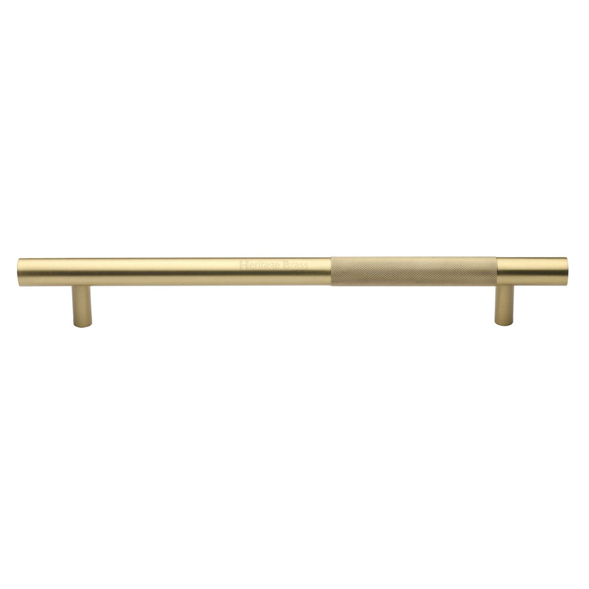 This is an image of a Heritage Brass - Door Pull Handle Bar Knurled Design 457mm Satin Brass Finish, v1365-457-sb that is available to order from T.H Wiggans Ironmongery in Kendal.