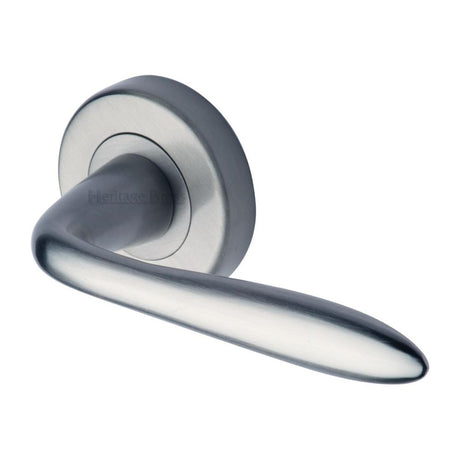 This is an image of a Heritage Brass - Door Handle Lever Latch on Round Rose Sutton Design Satin Chrome, v1750-sc that is available to order from T.H Wiggans Ironmongery in Kendal.