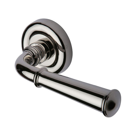 This is an image of a Heritage Brass - Door Handle Lever Latch on Round Rose Colonial Design Polished Nick, v1932-pnf that is available to order from T.H Wiggans Ironmongery in Kendal.