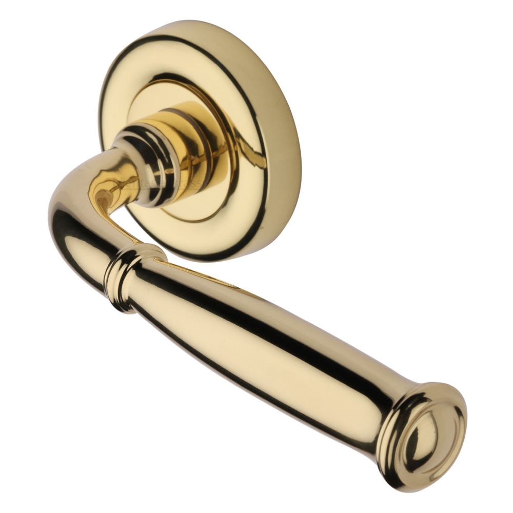 This is an image of a Heritage Brass - Door Handle Lever Latch on Round Rose Lincoln Design Polished Brass, v1938-pb that is available to order from T.H Wiggans Ironmongery in Kendal.