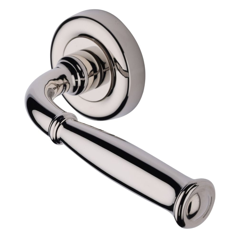 This is an image of a Heritage Brass - Door Handle Lever Latch on Round Rose Lincoln Design Polished Nicke, v1938-pnf that is available to order from T.H Wiggans Ironmongery in Kendal.