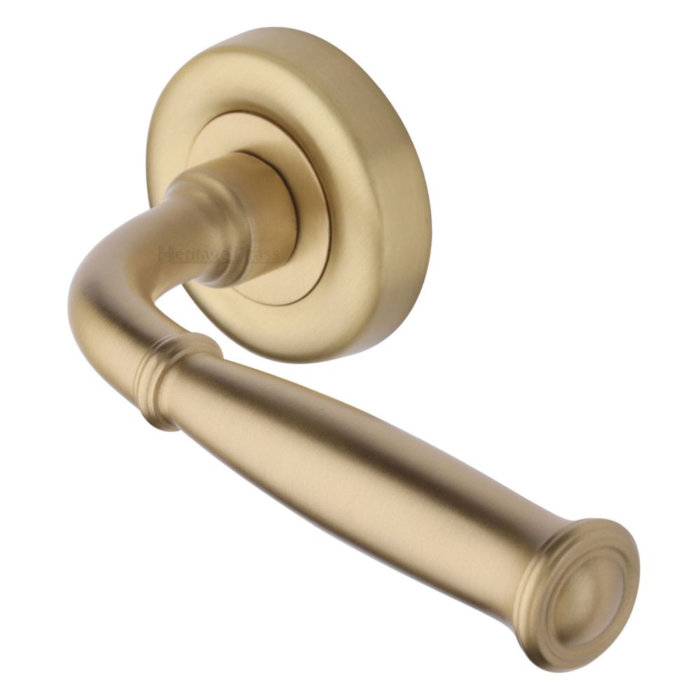 This is an image of a Heritage Brass - Door Handle Lever Latch on Round Rose Lincoln Design Satin Brass, v1938-sb that is available to order from T.H Wiggans Ironmongery in Kendal.