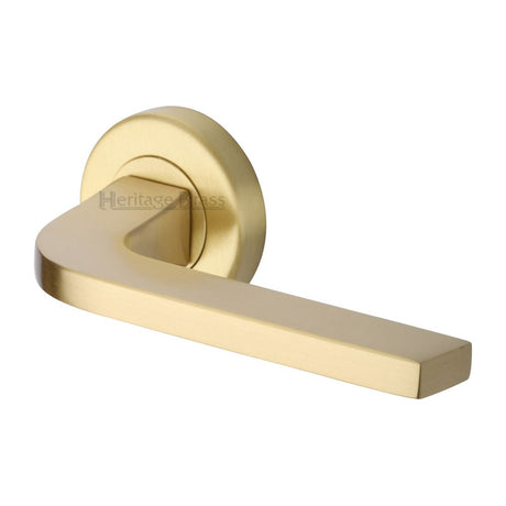 This is an image of a Heritage Brass - Door Handle Lever on Rose Bellagio Design Satin Brass Finish, v2015-sb that is available to order from T.H Wiggans Ironmongery in Kendal.