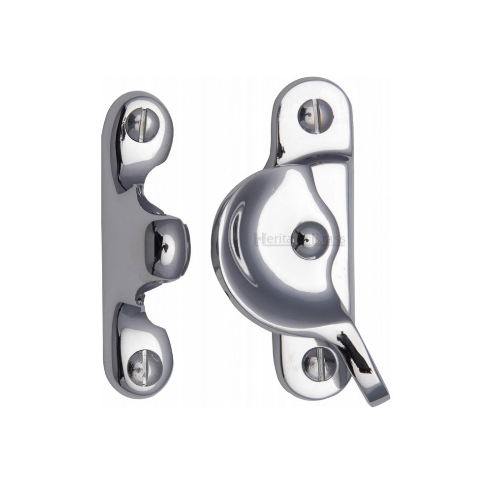 This is an image of a Heritage Brass - Fitch Pattern Sash Fastener Polished Chrome Finish, v2060-pc that is available to order from T.H Wiggans Ironmongery in Kendal.