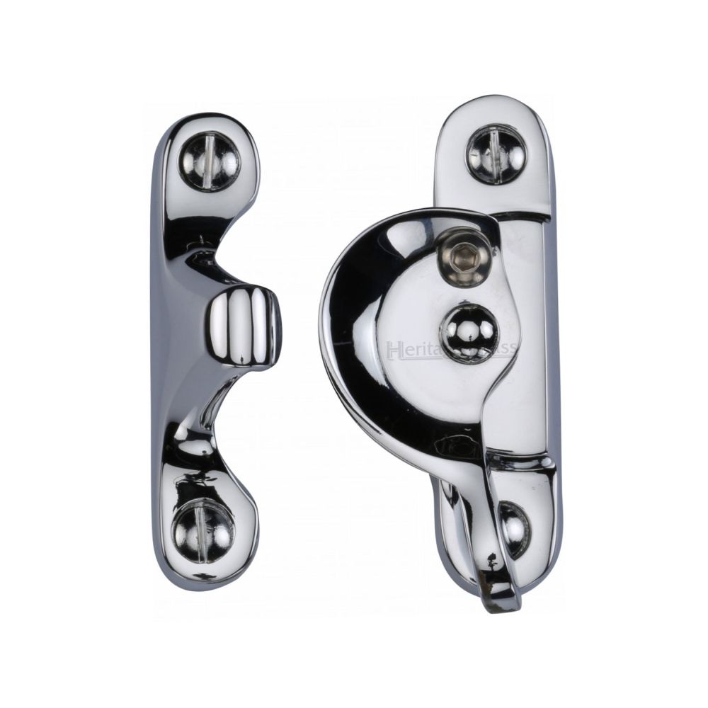 This is an image of a Heritage Brass - Fitch Pattern Sash Fastener Lockable Polished Chrome Finish, v2060l-pc that is available to order from T.H Wiggans Ironmongery in Kendal.