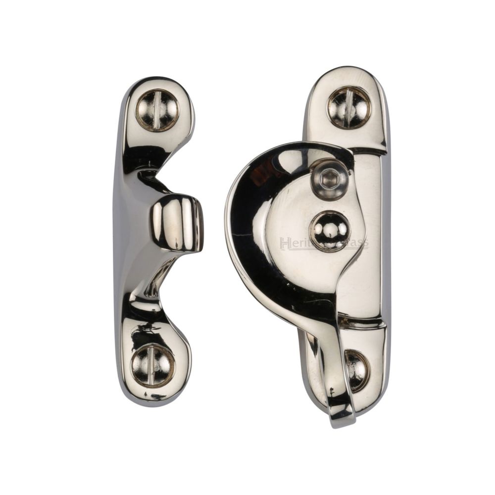 This is an image of a Heritage Brass - Fitch Pattern Sash Fastener Lockable Polished Nickel Finish, v2060l-pnf that is available to order from T.H Wiggans Ironmongery in Kendal.