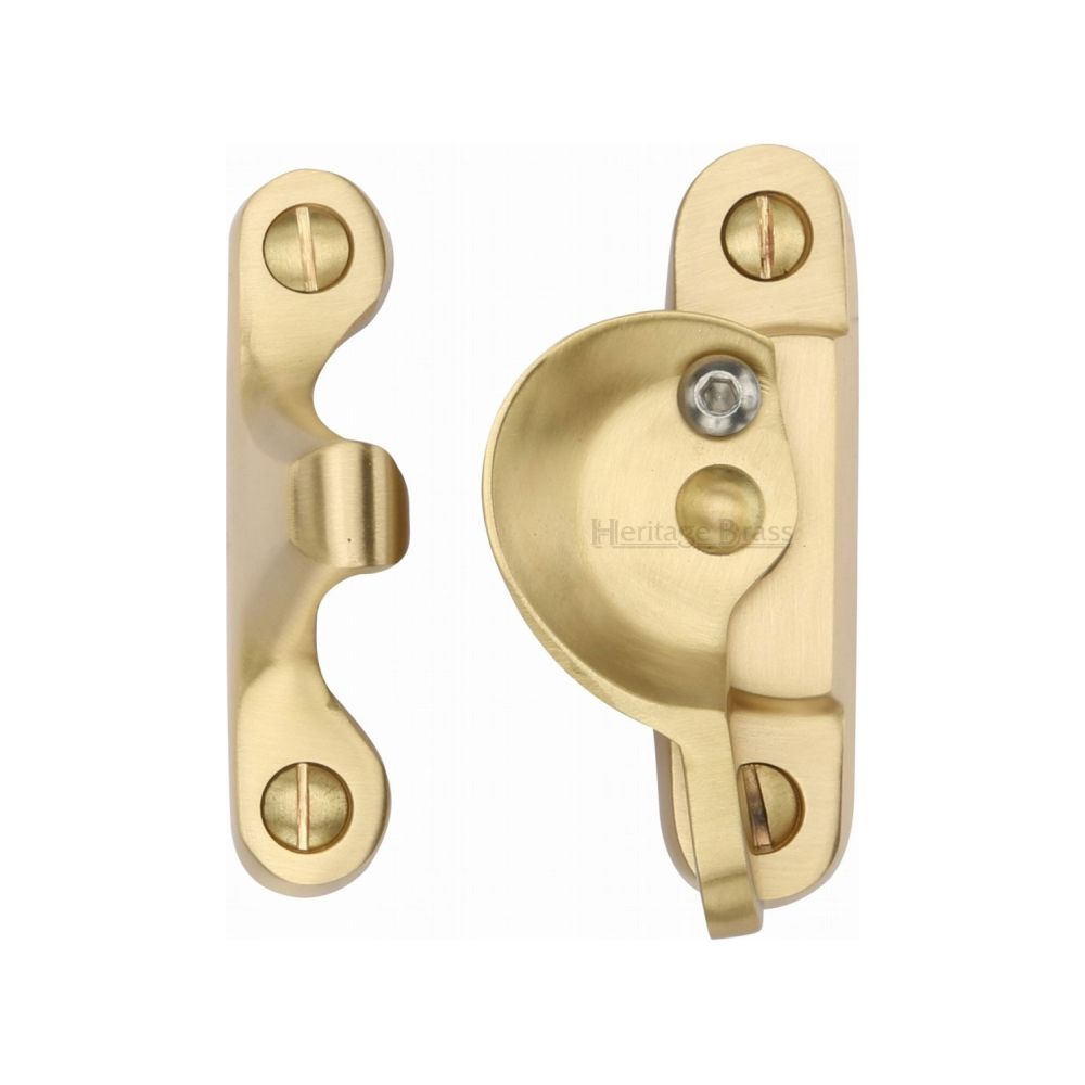 This is an image of a Heritage Brass - Fitch Pattern Sash Fastener Lockable Satin Brass Finish, v2060l-sb that is available to order from T.H Wiggans Ironmongery in Kendal.