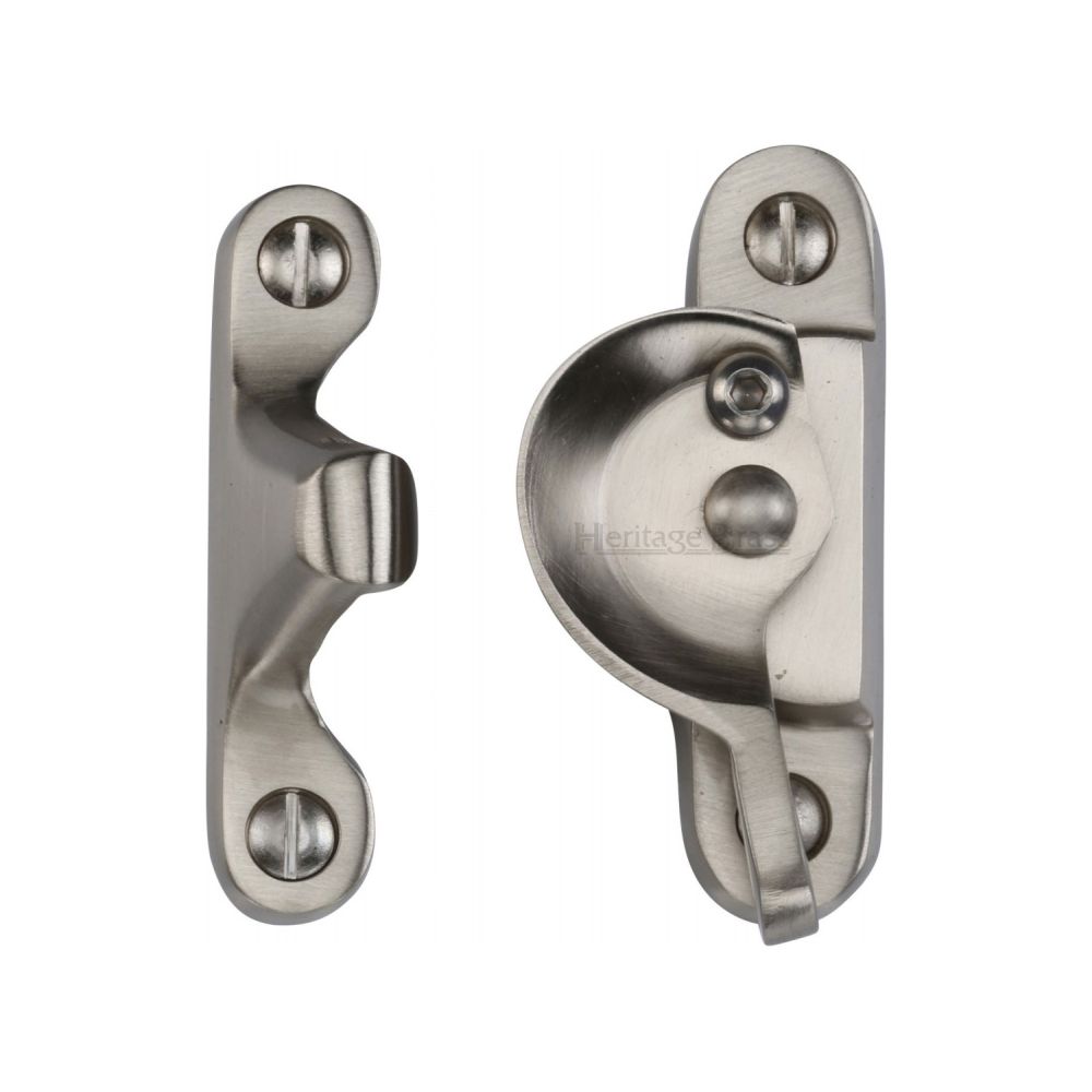 This is an image of a Heritage Brass - Fitch Pattern Sash Fastener Lockable Satin Nickel Finish, v2060l-sn that is available to order from T.H Wiggans Ironmongery in Kendal.