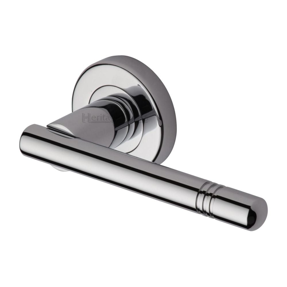 This is an image of a Heritage Brass - Door Handle Lever Latch on Round Rose Alicia Design Polished Chrome, v2100-pc that is available to order from T.H Wiggans Ironmongery in Kendal.