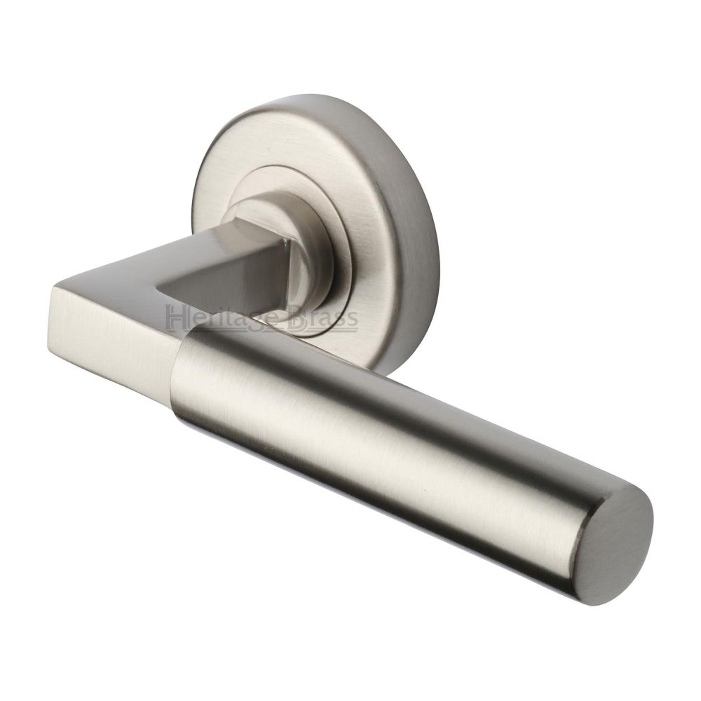 This is an image of a Heritage Brass - Door Handle Lever on Rose Bauhaus Design Satin Nickel Finish, v2259-sn that is available to order from T.H Wiggans Ironmongery in Kendal.