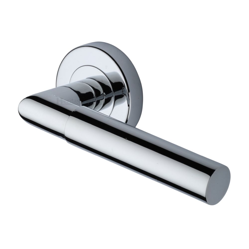 This is an image of a Heritage Brass - Door Handle Lever Latch on Round Rose Bauhaus Mitre Design Polished, v2270-pc that is available to order from T.H Wiggans Ironmongery in Kendal.