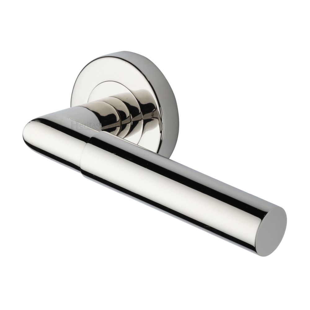 This is an image of a Heritage Brass - Door Handle Lever Latch on Round Rose Bauhaus Mitre Design Polished, v2270-pnf that is available to order from T.H Wiggans Ironmongery in Kendal.