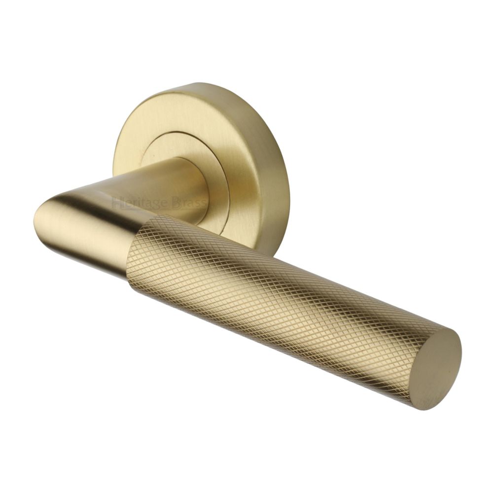 This is an image of a Heritage Brass - Door Handle Lever Latch on Round Rose Bauhaus Mitre Knurled Des, v2272-sb that is available to order from T.H Wiggans Ironmongery in Kendal.