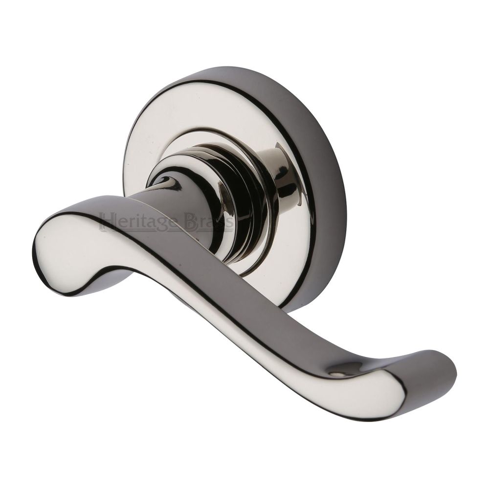 This is an image of a Heritage Brass - Door Handle Lever Latch on 53mm Round Rose Bedford Design Polished, v3010-pnf that is available to order from T.H Wiggans Ironmongery in Kendal.