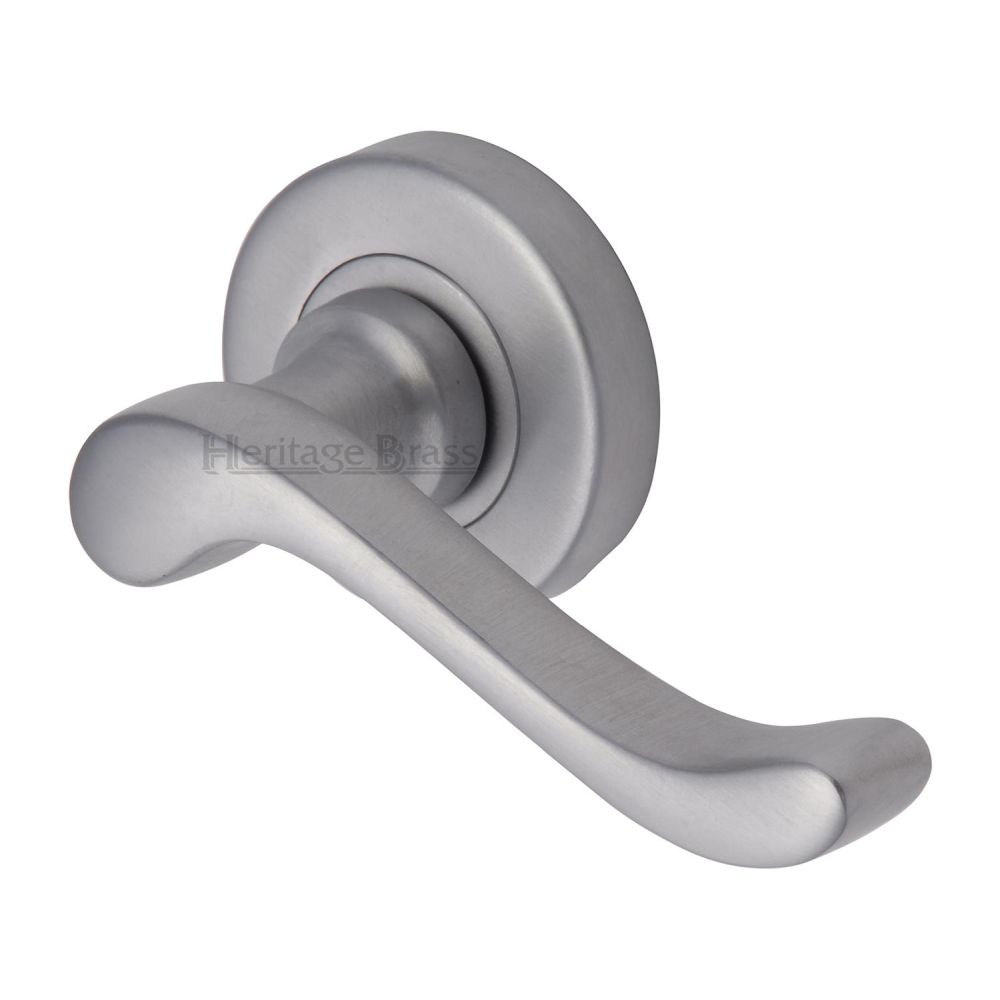 This is an image of a Heritage Brass - Door Handle Lever Latch on 53mm Round Rose Bedford Design Satin, v3010-sc that is available to order from T.H Wiggans Ironmongery in Kendal.