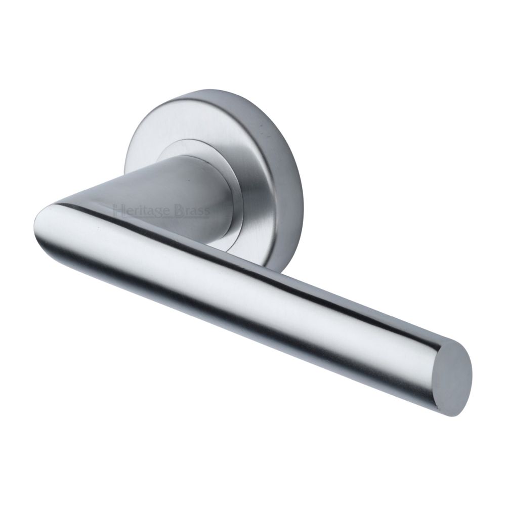 This is an image of a Heritage Brass - Door Handle Lever Latch on Round Rose Mercury Design Satin Chrom, v3262-sc that is available to order from T.H Wiggans Ironmongery in Kendal.