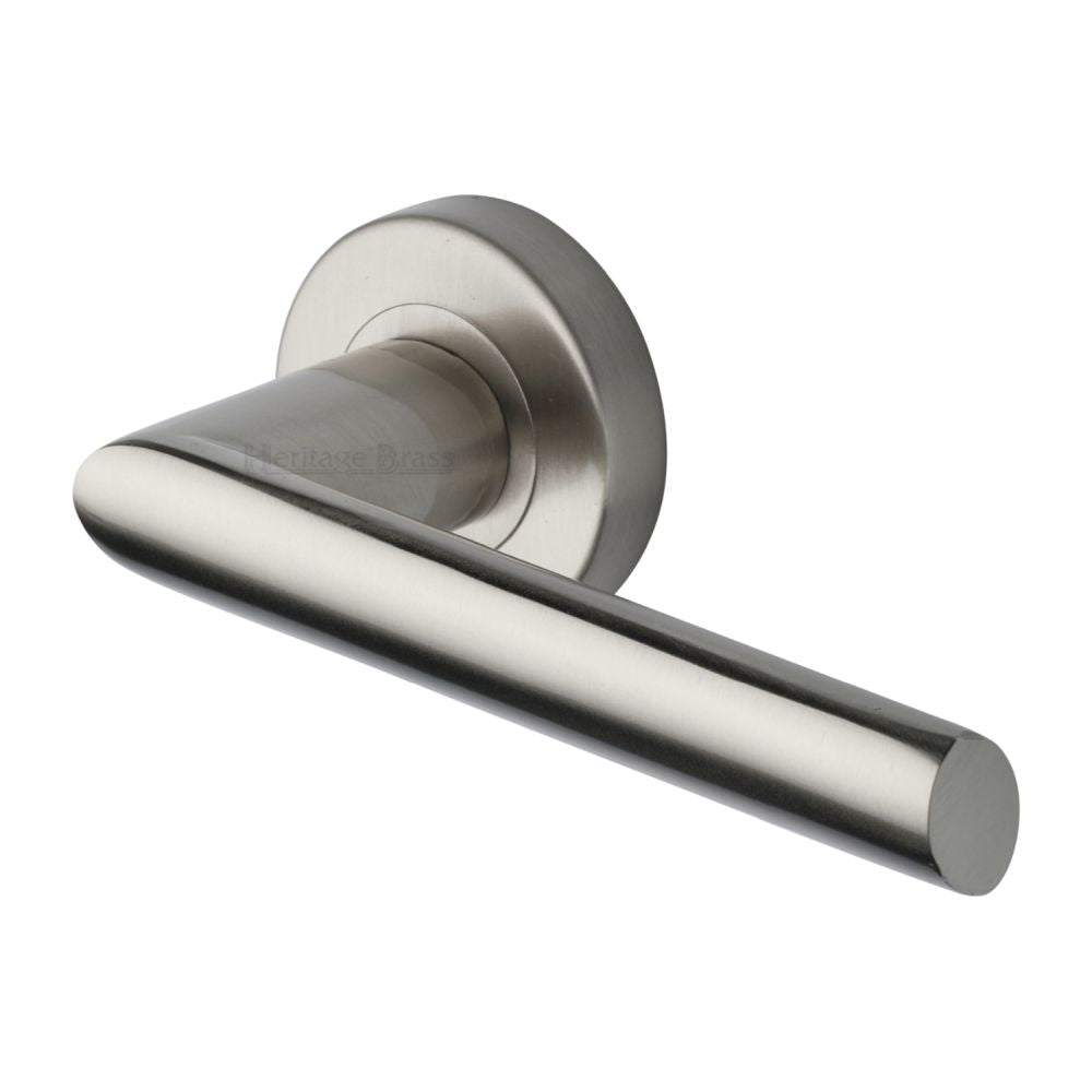 This is an image of a Heritage Brass - Door Handle Lever Latch on Round Rose Mercury Design Satin Nicke, v3262-sn that is available to order from T.H Wiggans Ironmongery in Kendal.