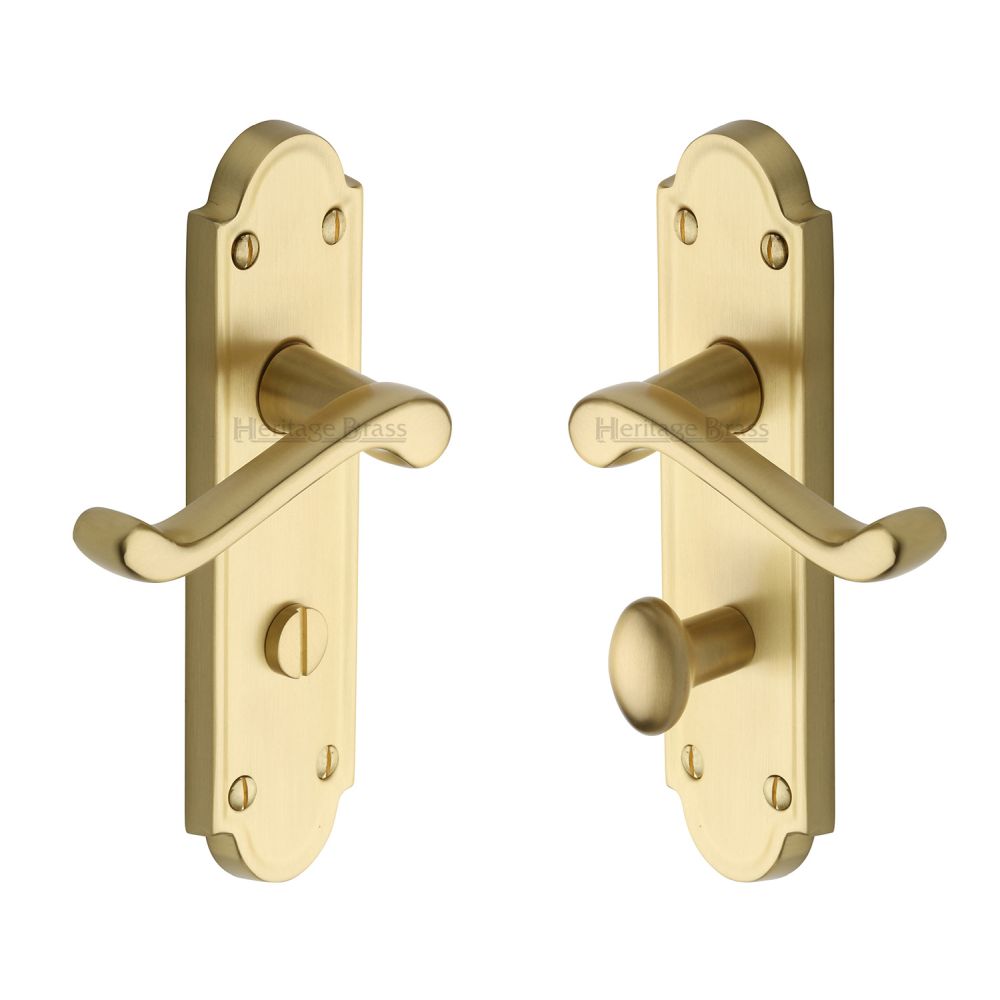 This is an image of a Heritage Brass - Door Handle Bathroom Set Meridian Design Satin Brass Finish, v330-sb that is available to order from T.H Wiggans Ironmongery in Kendal.