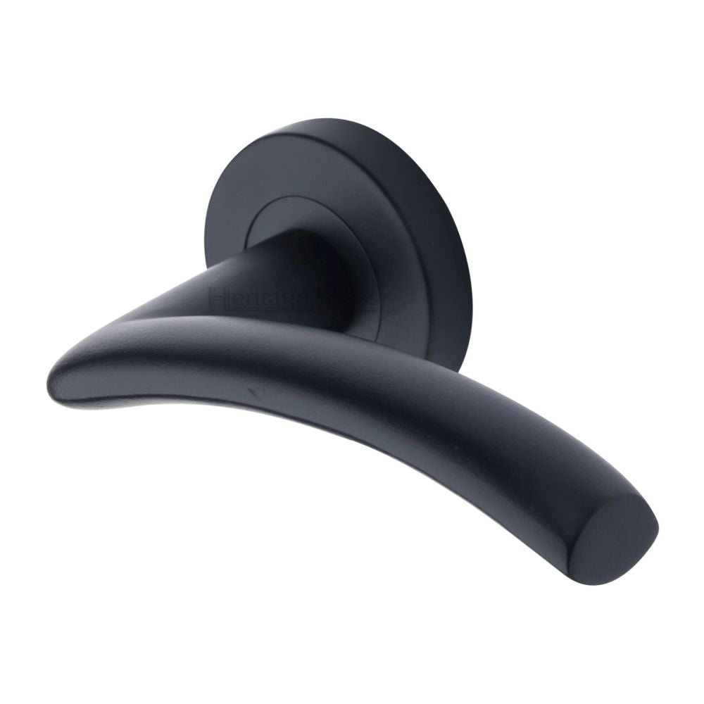 This is an image of a Heritage Brass - Door Handle Lever Latch on Round Rose Centaur Design Matt Black, v3490-bkmt that is available to order from T.H Wiggans Ironmongery in Kendal.