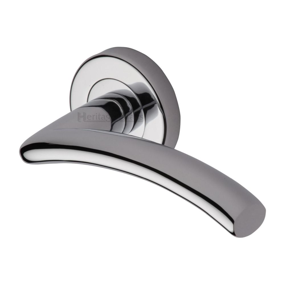 This is an image of a Heritage Brass - Door Handle Lever Latch on Round Rose Centaur Design Polished Chrom, v3490-pc that is available to order from T.H Wiggans Ironmongery in Kendal.
