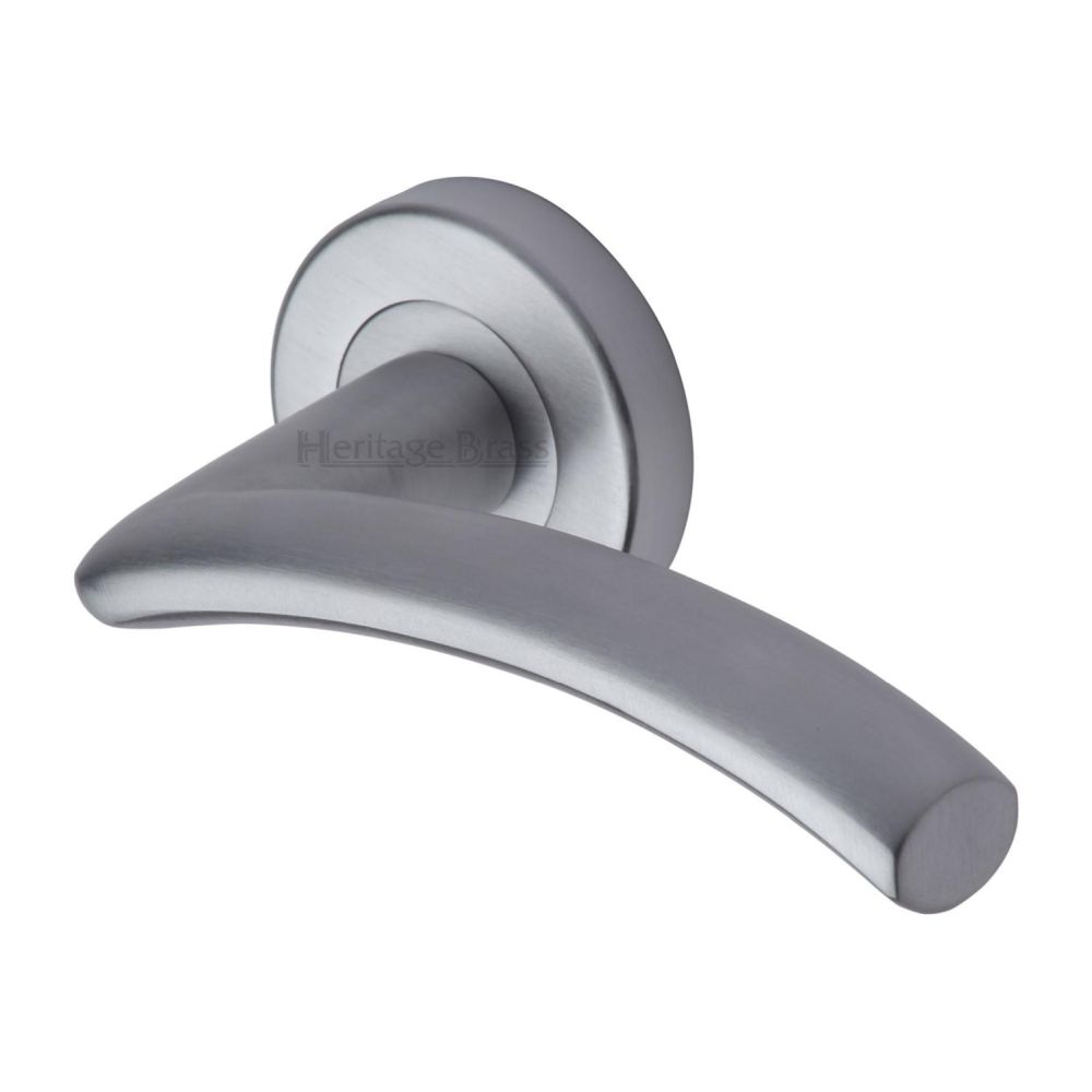 This is an image of a Heritage Brass - Door Handle Lever Latch on Round Rose Centaur Design Satin Chrom, v3490-sc that is available to order from T.H Wiggans Ironmongery in Kendal.