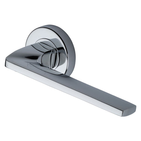 This is an image of a Heritage Brass - Door Handle Lever Latch on Round Rose Metro Angled Design Polished, v3790-pc that is available to order from T.H Wiggans Ironmongery in Kendal.